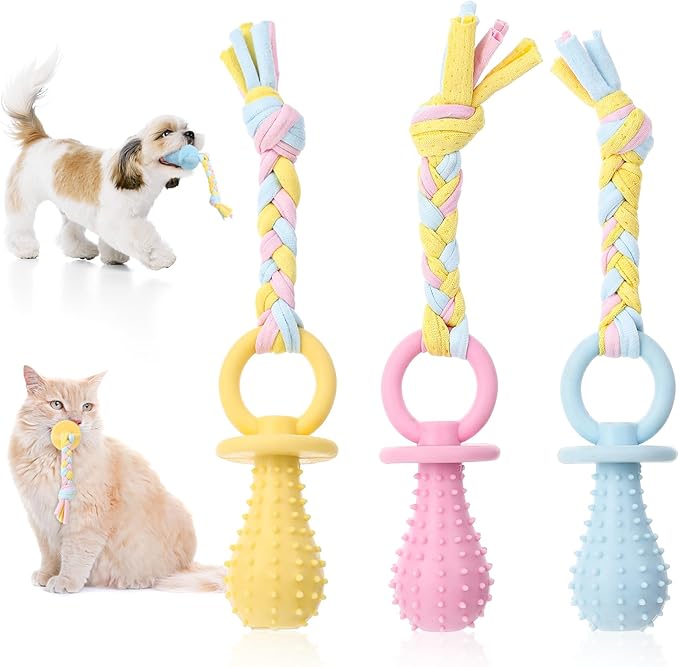3Pcs Dog & Cat Pacifier with Rope, Small Pet Molar Clean Teeth Rubber Toy, Rubber Puppy Pacifier Chewing, Dog Chew Toys for Chewers, Playing Training Toys for Small Dogs & Adult Cat, 3 Cute Colors